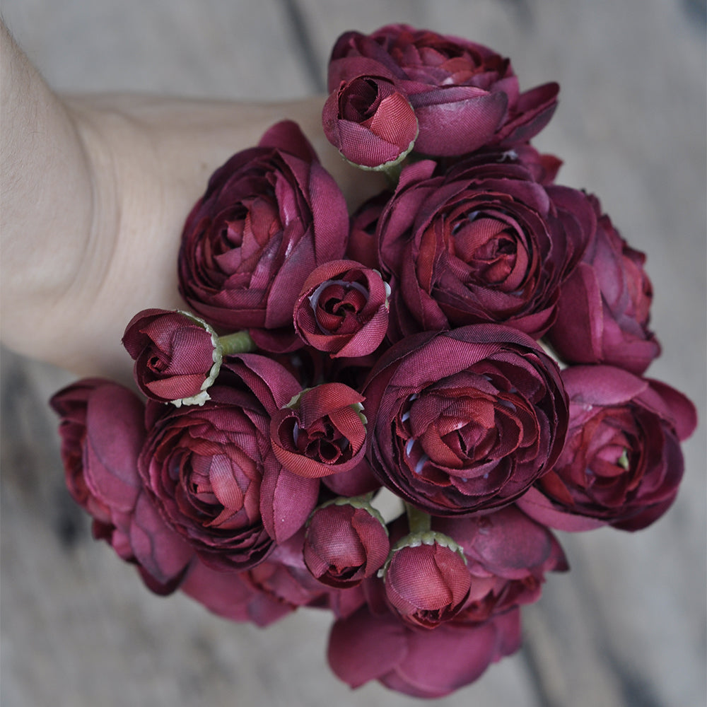One bundle burgundy wine red artificial silk rose/mini ranunculus/6stems individual stems silk ranunculus buds/best for home decoction and wedding designing