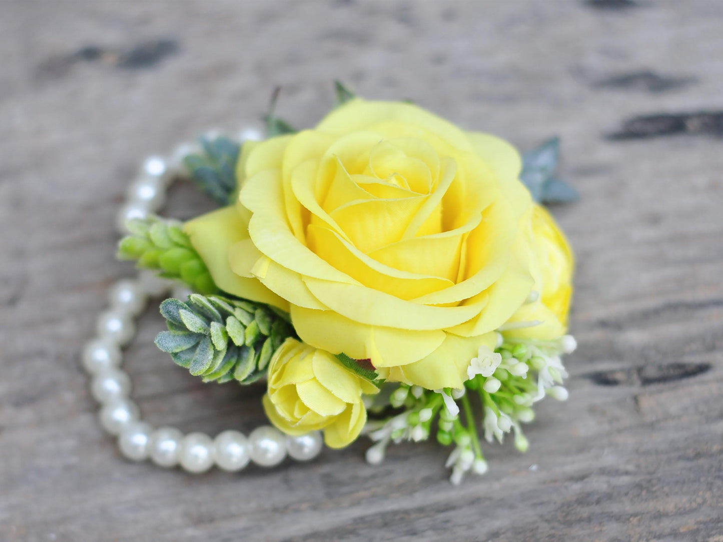 Real Touch Bright Yellow Rose Pearl Bracelet Wrist Corsage Gift For Her Mom, Wedding, Prom, Bride Shower, Baby Shower Gift, Boutonniere Gift