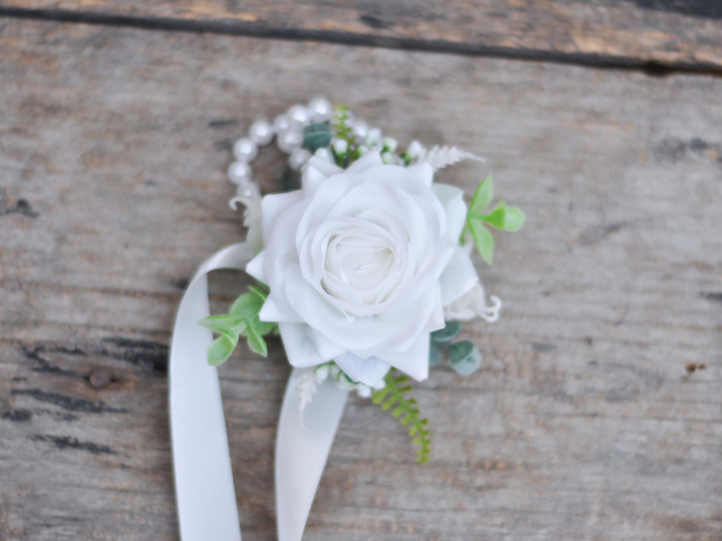 White Rose Pearl Wrist Bracelet, Real Touch Ribbon Corsage, Bridesmaid Gift for Her, Mom, Wedding Bridal Accessories, Best Man Boutonniere