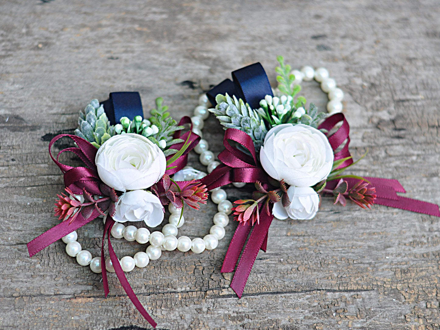 White Rose Pearl Bracelet Wrist Corsage Prom Gift for Her, Bridesmaid Gift, Burgundy Ribbon Tie Swag, Bridal Accessories, Boutonniere Gift