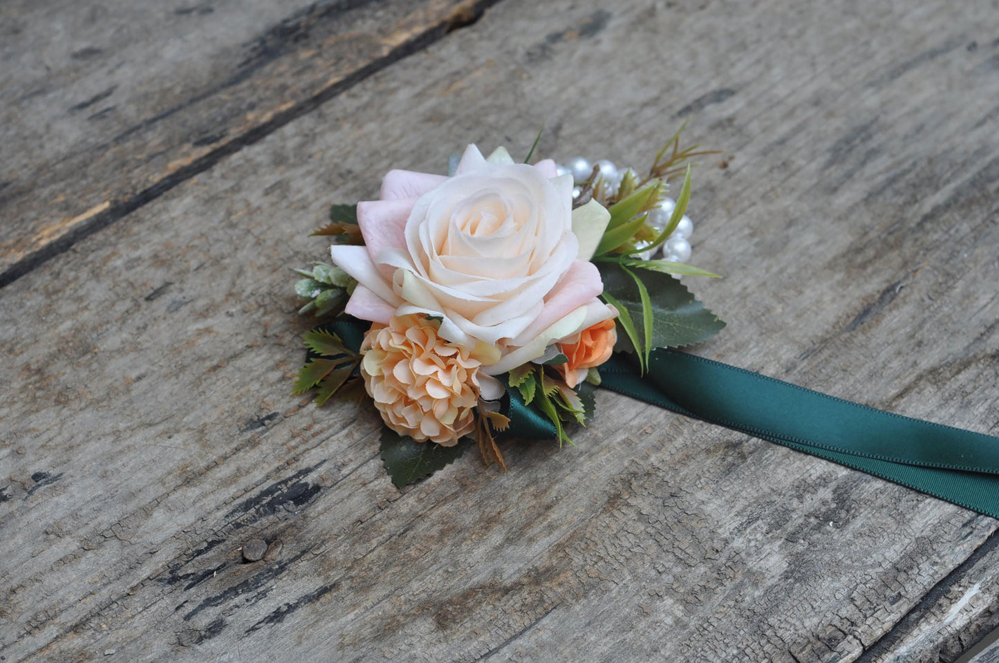 Real Touch Champagne Pink Rose Wrist Corsage, Real Touch Flower, Pearl Bracelet Corsage, Customized Ribbon for Wedding, Party, Anniversary