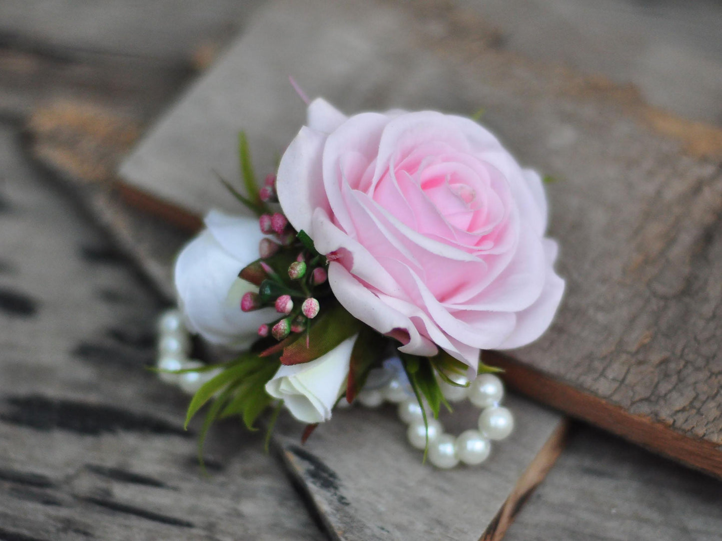 Touch Light Pink Rose Pearl Bracelet Wrist Corsage Bridesmaid Gift for Her, Mom, Rustic Wedding Bridal Accessories, Prom Boutonniere
