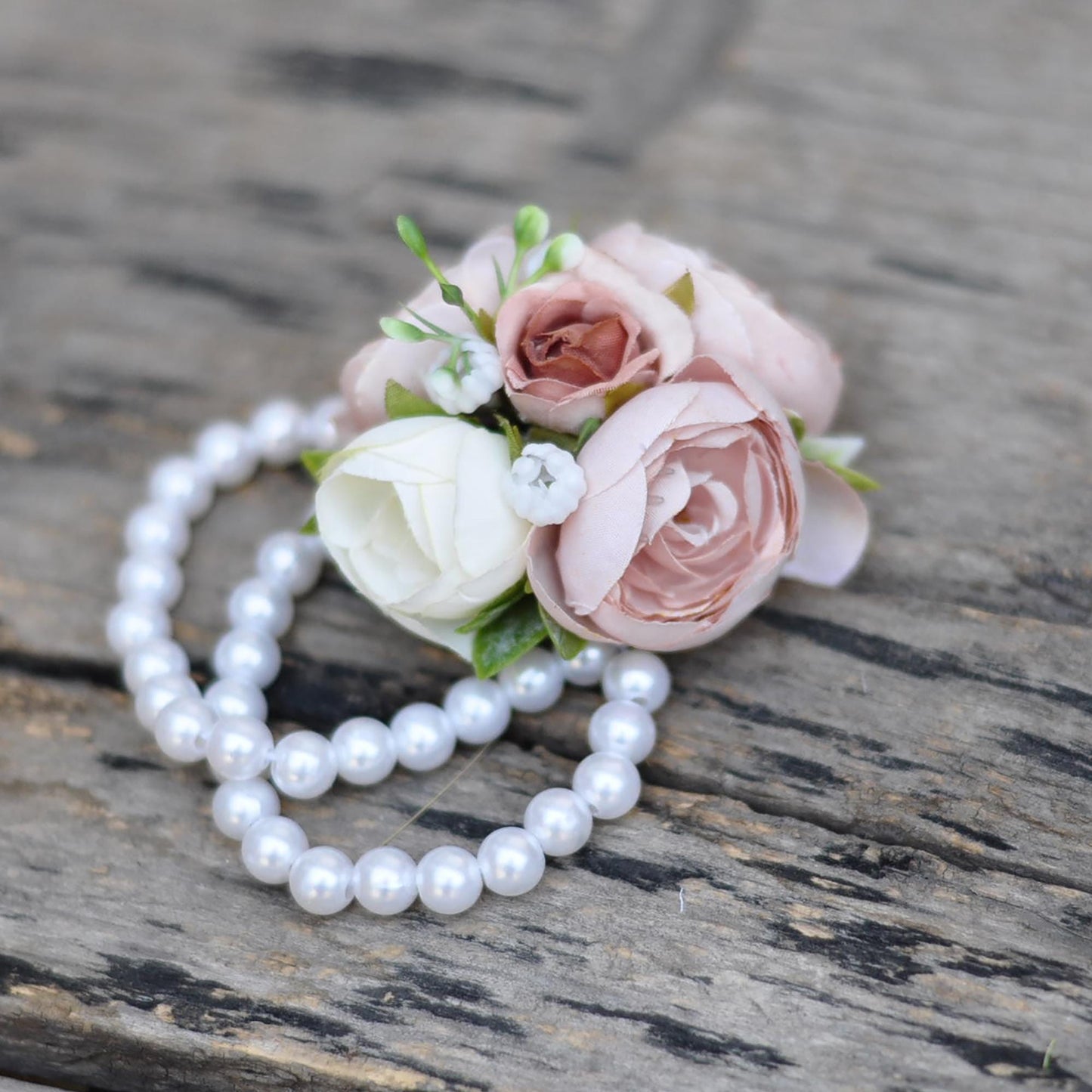 Wrist Pearl Bracelet Dusty Rose Corsage, Silk Dusty Pink Ranunculus Corsage, Boho Wedding Bracelet, Mom Corsage Gift, Bridesmaid Corsage Kid