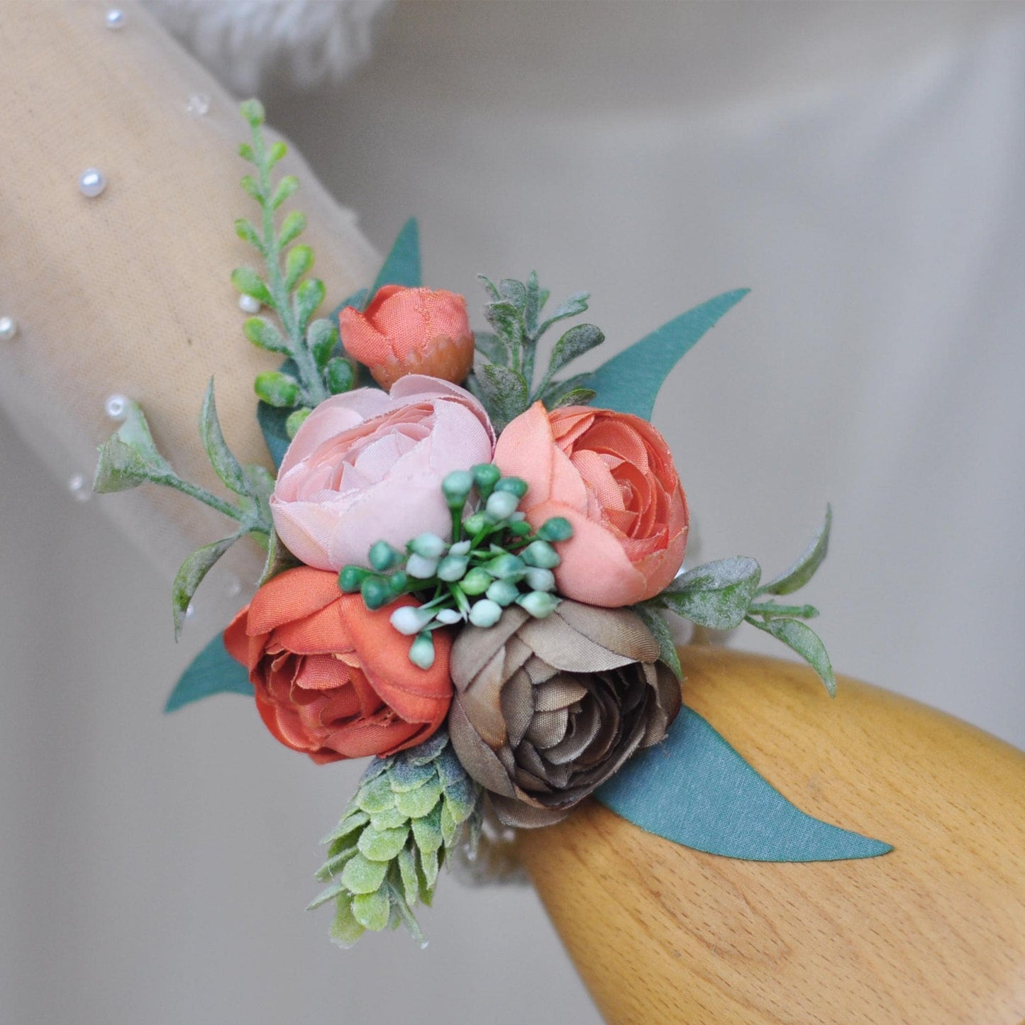 Personalized Brown Rose Pearl Bracelet Wrist Corsage Gift for Her Boho Wedding, Fall Wedding, Bridesmaid Gift, Mom Gift, Bridal Accessories