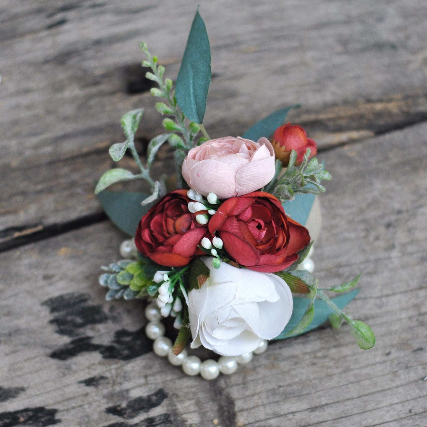 Country Red Rose Pearl Bracelet Wrist Corsage Gift for Her Boho Wedding, Prom, Mommy, Bridesmaid Bridal Accessories, Groom Boutonniere Gift