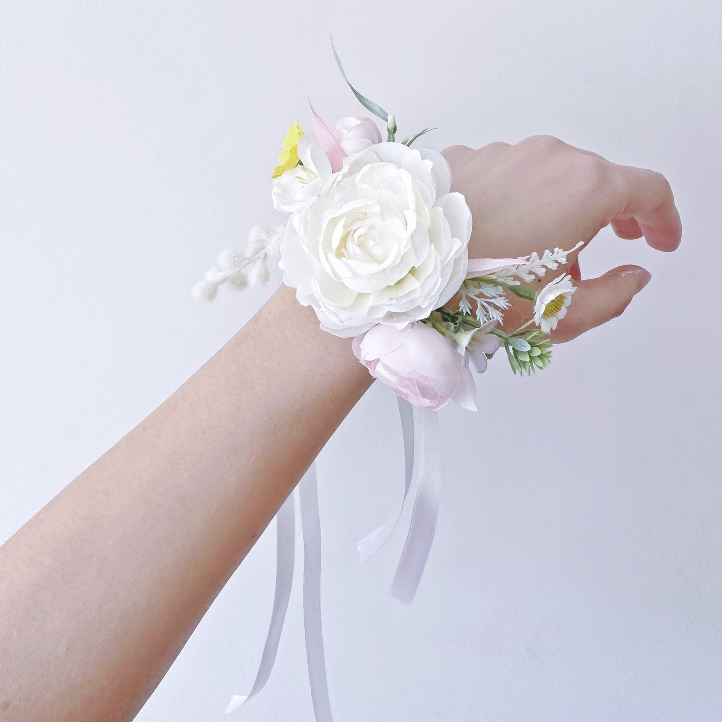 Fairytale White Peony Pearl Bracelet, Wrist Ribbon Corsage Gift For Her Princess Wedding, Bridesmaid Gift, Flower Girl Bridal Accessories
