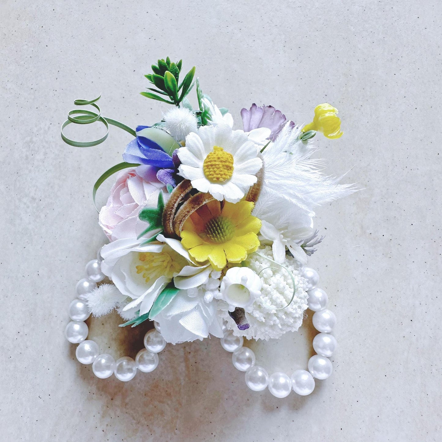 Wildflower Pearl Bracelet, White Feather Wrist Corsage Gift For Her Princess Wedding, Sunflower Corsage Gift For Mom, Prom, Bridesmaid Gift