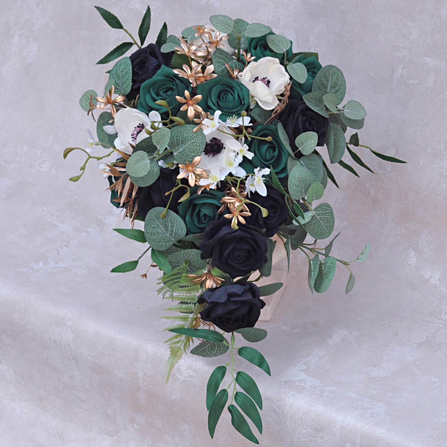 Cascade Botanic Bridal Bouquet, Olive Green Eucalyptus Bridesmaid Bouquet, Historic Black Rose Wedding Bouquet, Bridal Accessories Gift