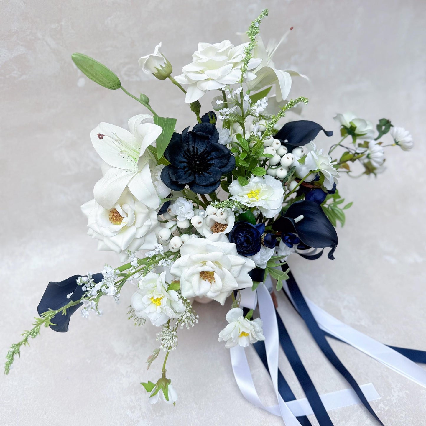 Wildflower Bridal Bouquet Collection - White Rose Wedding Bouquet, Navy Anemone Bouquet, Bridesmaid Bouquet, Design In Rose And Calla Lily