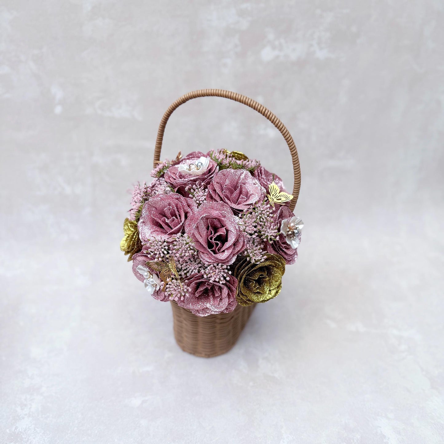 Glitter Rose Bouquet Box, Her Quinceañera Celebration, Gold Dusty Pink Rose Bridal Bouquet, Best Gift For Coming of Age 15, Bridesmaid Gift