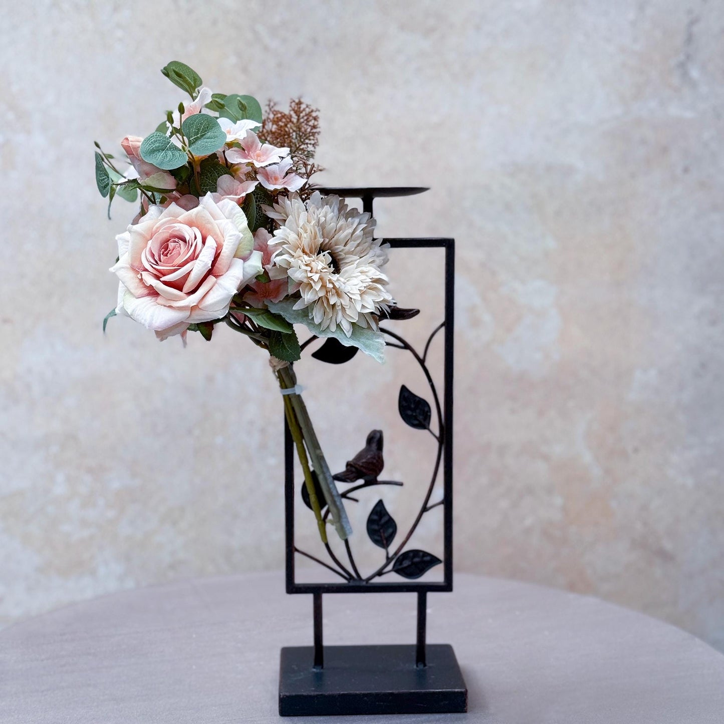 Small Rustic Cream White Sunflower Wedding Bouquet, Silk Champagne Pink Rose, Gift for Her, DIY Table Centerpiece Arrangements, Cake Topper