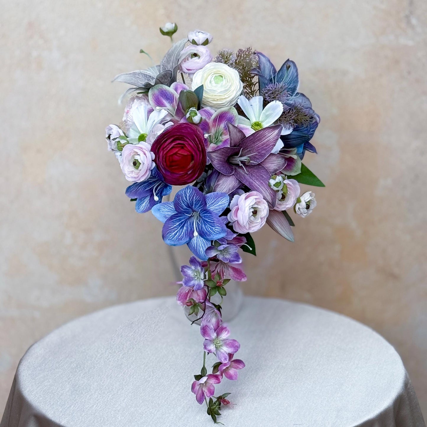 Cascade Bohemian Wildflower Bridal Bouquet Box- Pink Purple blue Wildflower wedding bouquet, Blue Lily Bridesmaid Bouquet, Gift For Her Swag