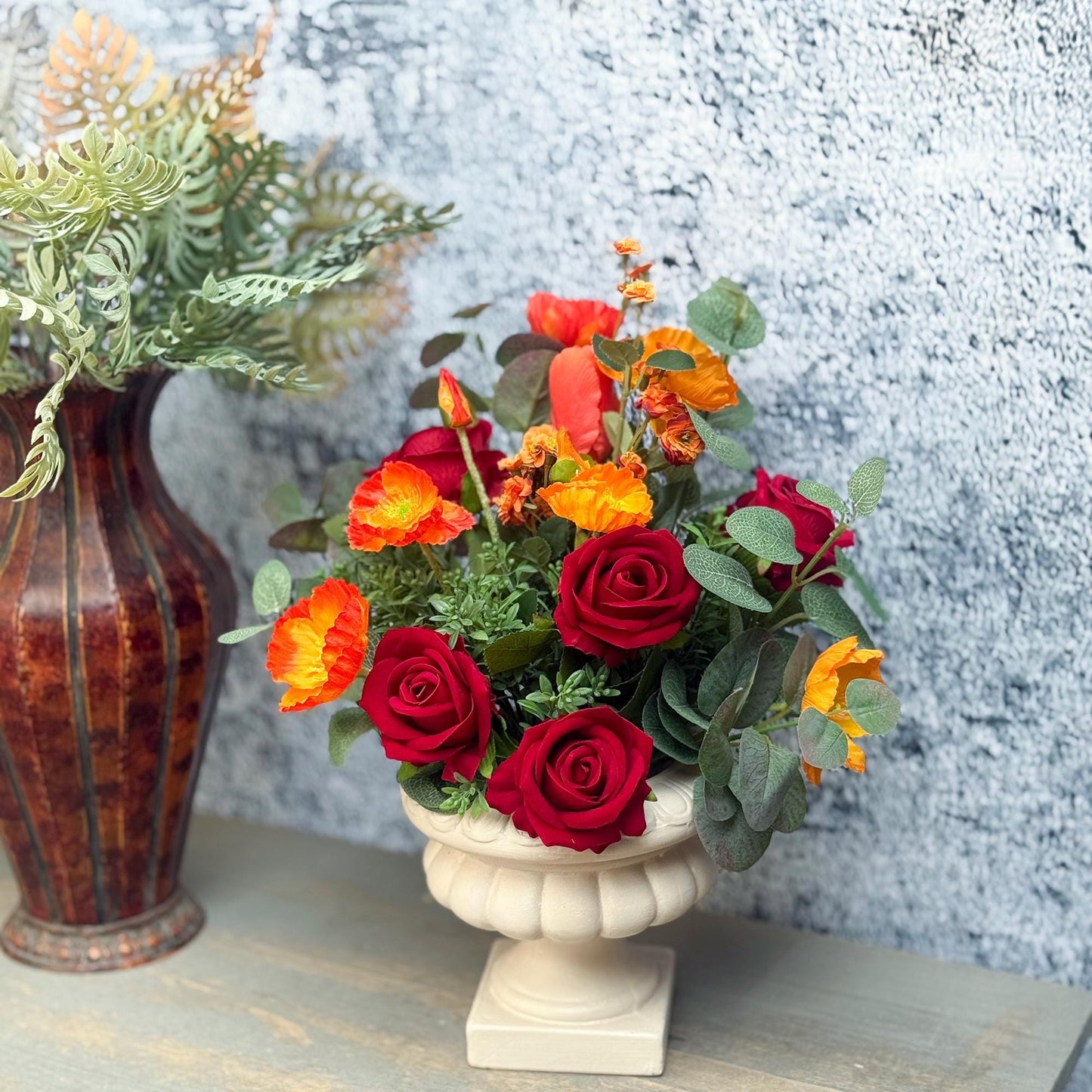 Boho Silk Bouquet For Autumn Bliss, Vibrant Red Rose Mix Orange Poppy Bouquet, Classical Red Bridesmaid Bouquet, Gift For Her, Table Decor