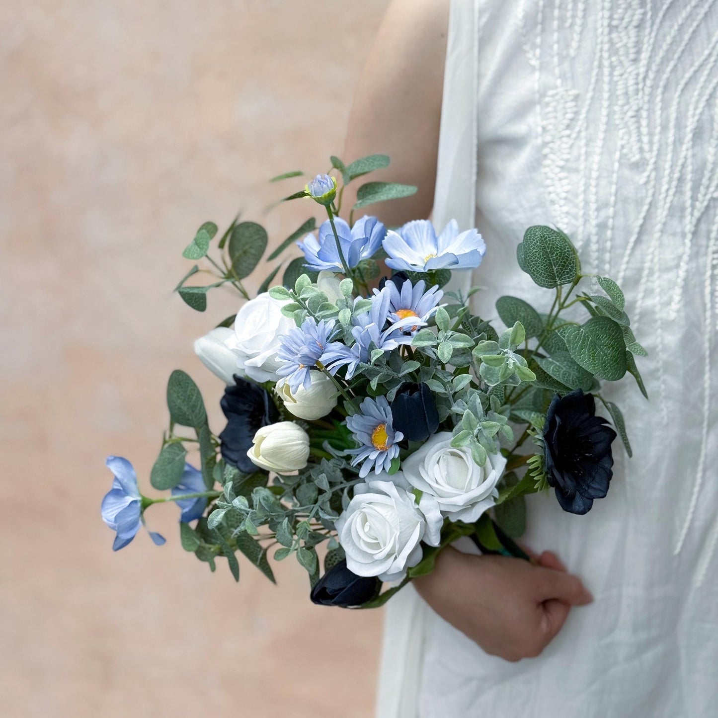 Vintage Rose Rustic Bouquet Collection - Navy Blue Tulip & Eucalyptus, Navy Anemone Bridal Bouquet, Bridesmaid Wildflower Bouquet In Basket