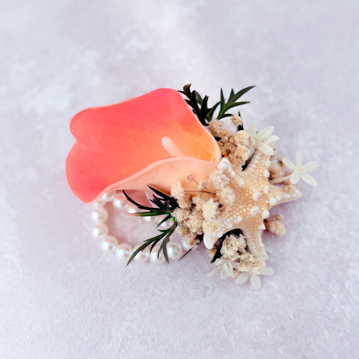 Coral Calla Lily Pearl Bracelet For Beach Wedding - Real Touch Wrist Corsage For Prom, Bride To Be Gift, Starfish Groom Boutonniere