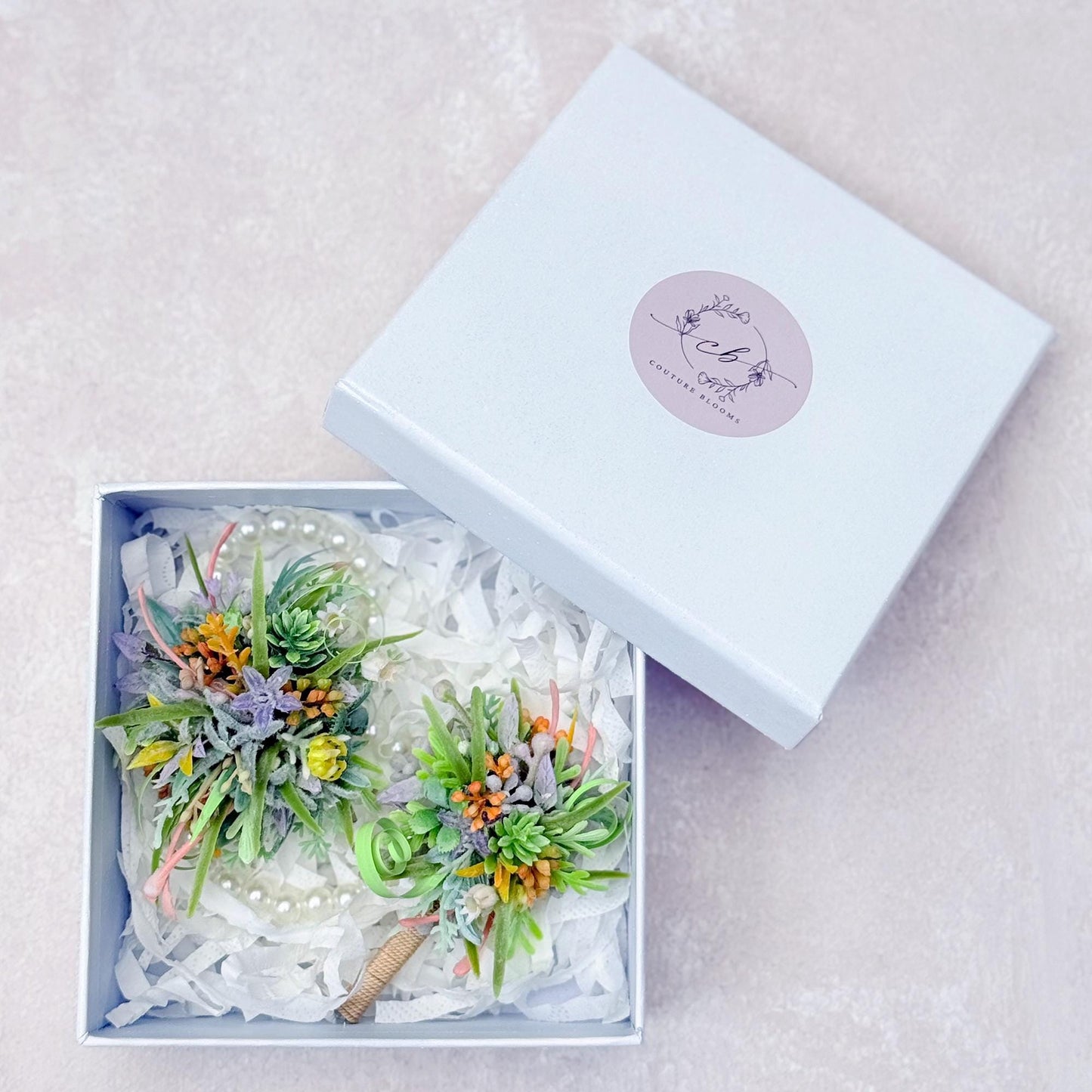 Dried Wildflower Pearl Bracelet - Back To School Gift, Wrist Corsage and Boutonniere Set, Dusty Green Sola, Gift For Mom,Bridal Accessories