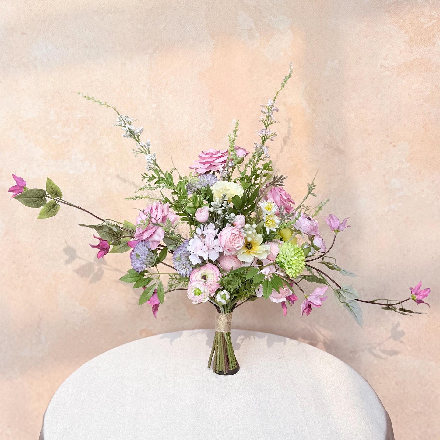 Large Pink Wildflower Wedding Bouquet, Silk Peony Rose Flower Bridal Bouquet, Faux Flower Bouquet for Beach Wedding, Monet Garden Wedding