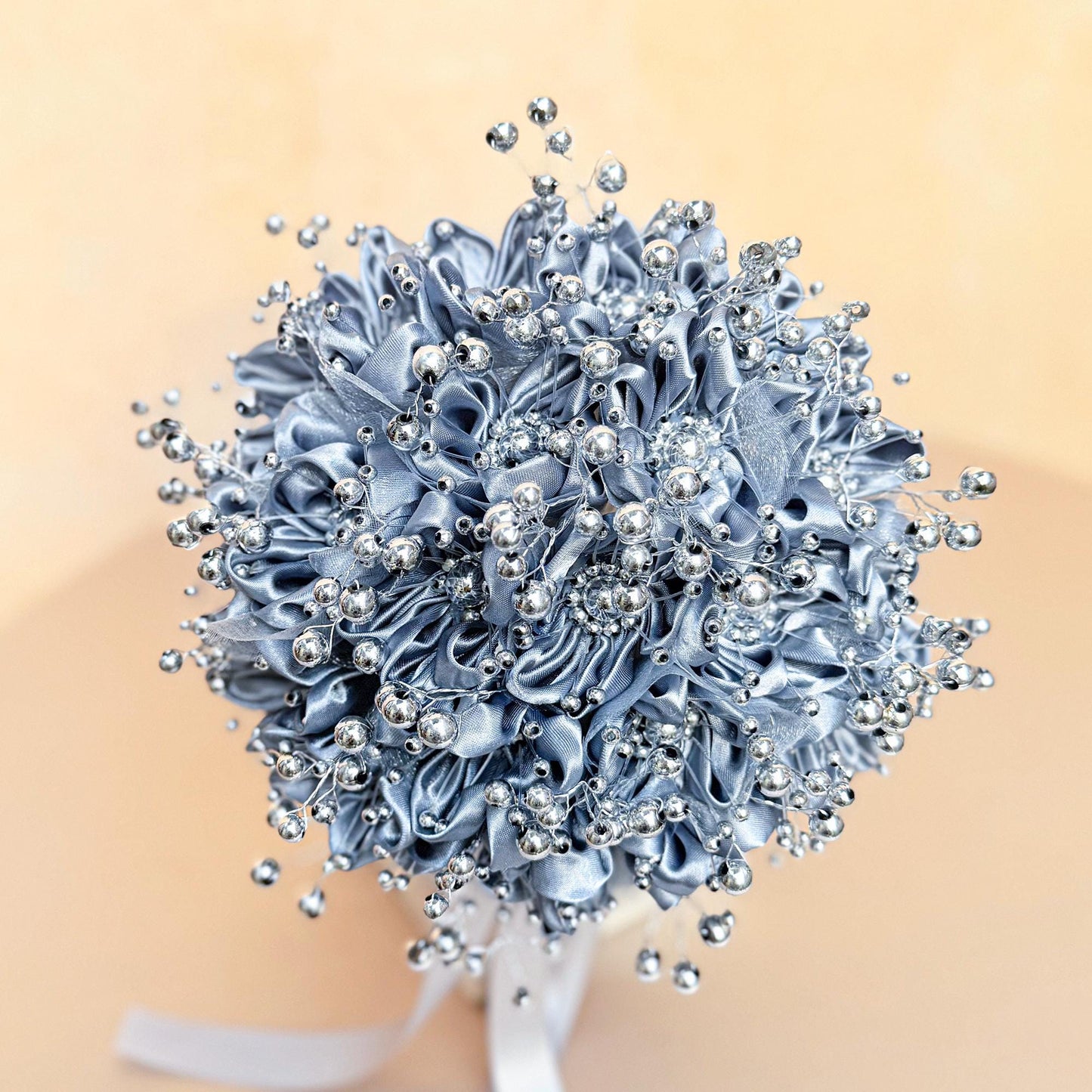 Silver Grey Pearl Ribbon Rose Bridesmaid Bouquet, Personalized Pearl Rose bouquet gift for her wedding Prom Bride shower, flower girl gift