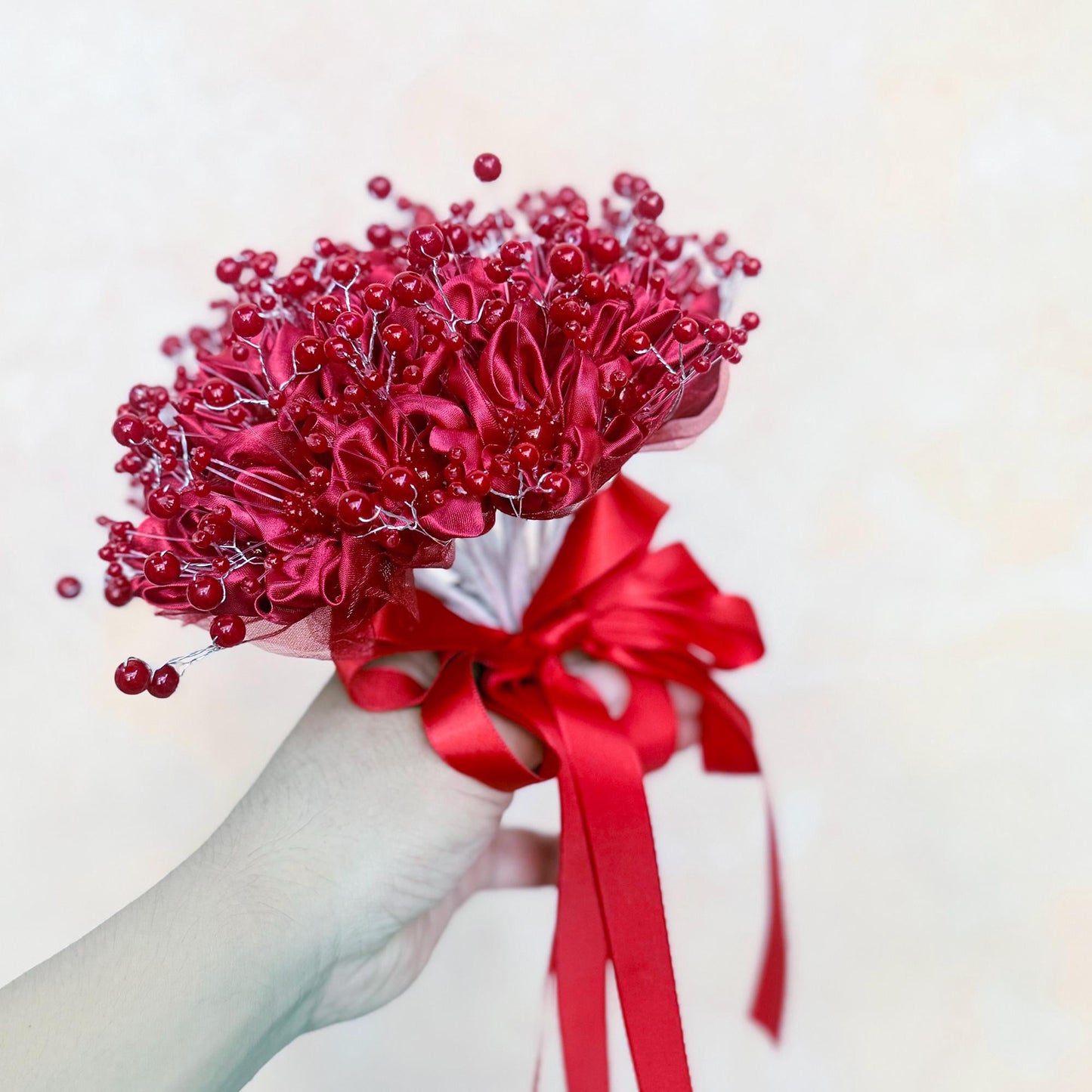 Elegant Red Pearl Ribbon Rose Prom Bouquet, Wedding rose Bouquet gift for her Bride shower, Bridesmaid, flower girl, Bridal Accessories