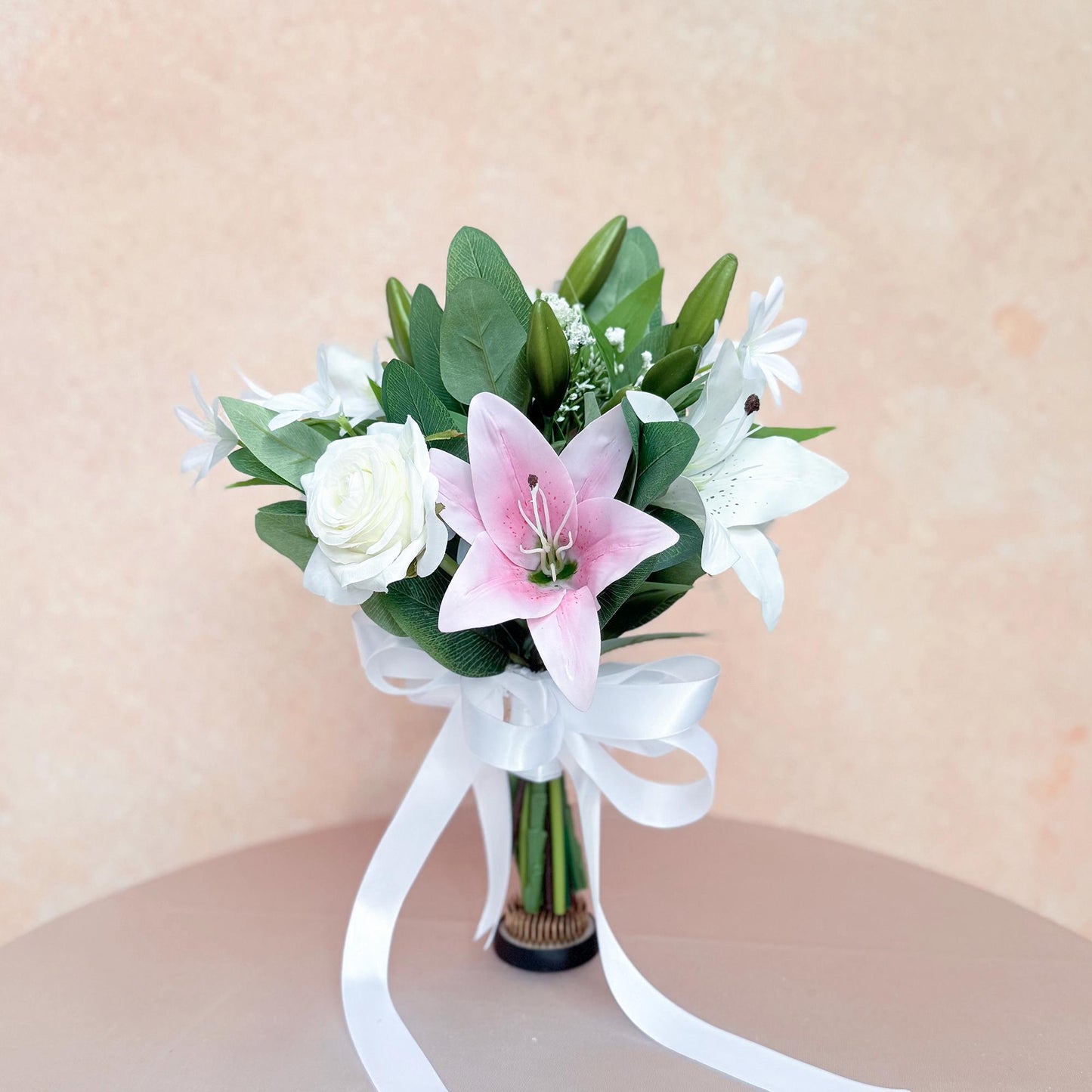 Mini Bouquet Prom Gift - 3D Printed Lily & Rose White Babys Breath Bridesmaid Bouquet, Rustic White Rose Bouquet, Small Wedding Bouquet