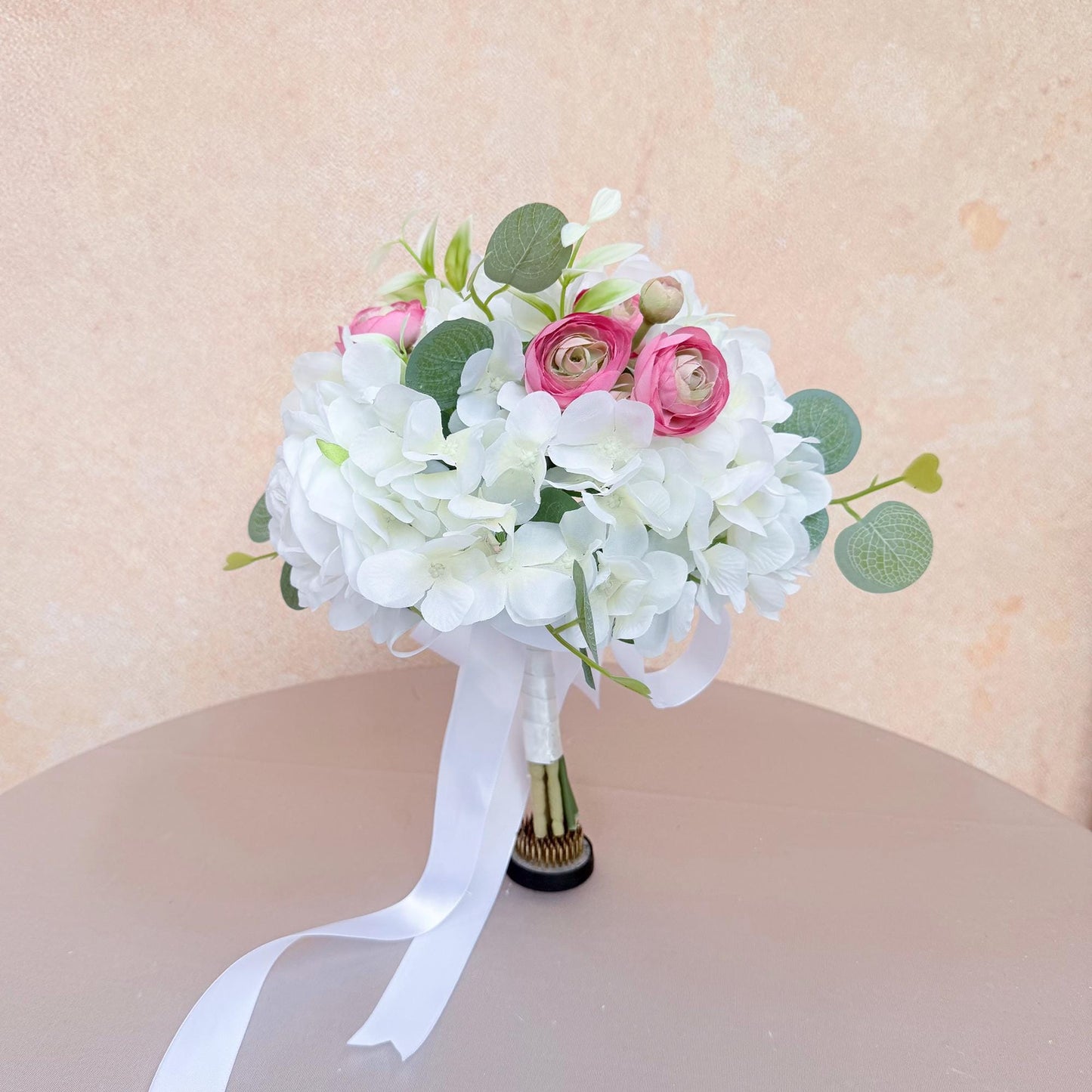 White Hydrangea & Pink Ranunculus Mini Bouquet: Silk Peony Wedding Flowers, Prom Gift