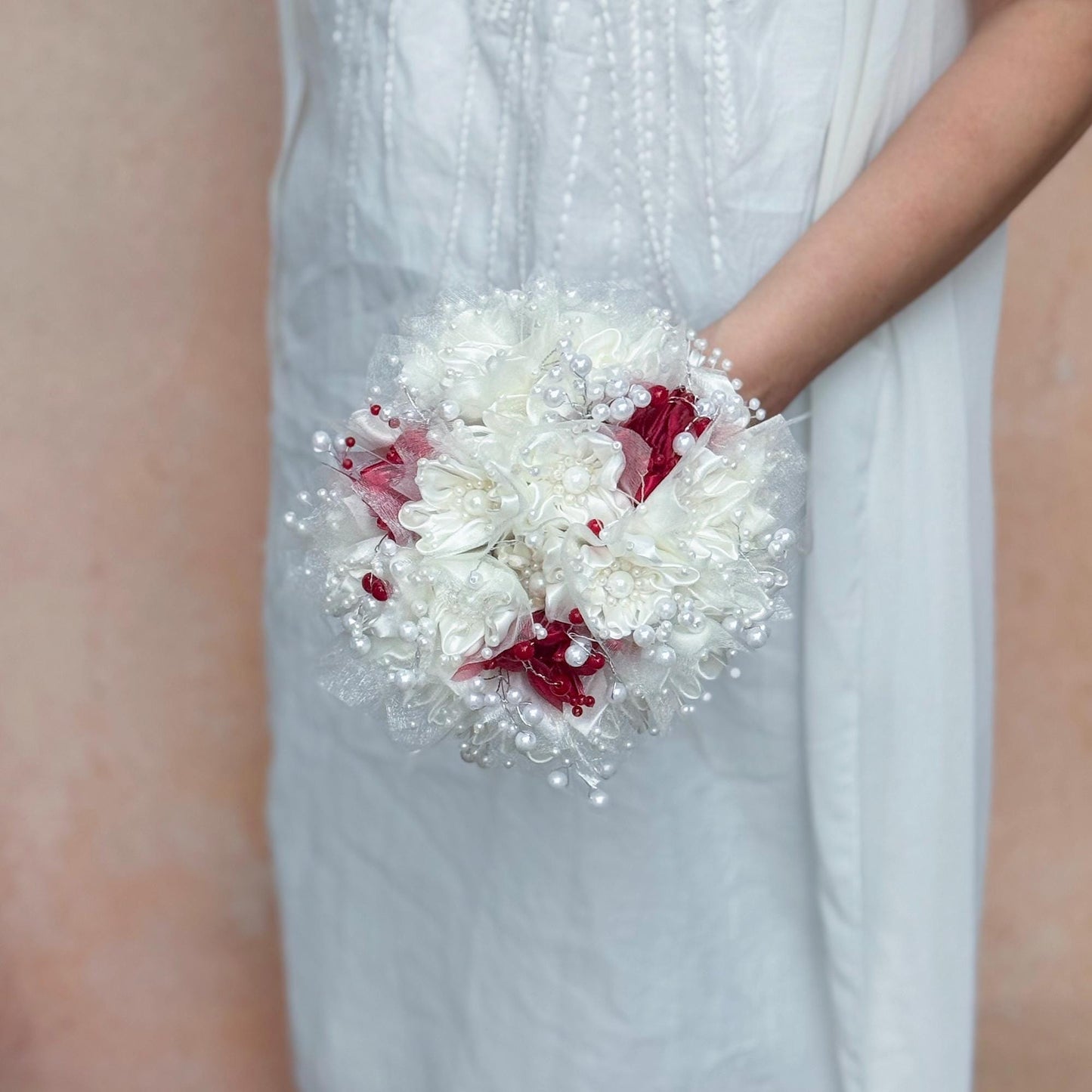 Elegant Pearl Ivory Ribbon Rose Bouquet, Personalized Wedding Red & White Rose Flowers, Bridesmaid Gift Idea, Wedding Engagement Gifts Ideas