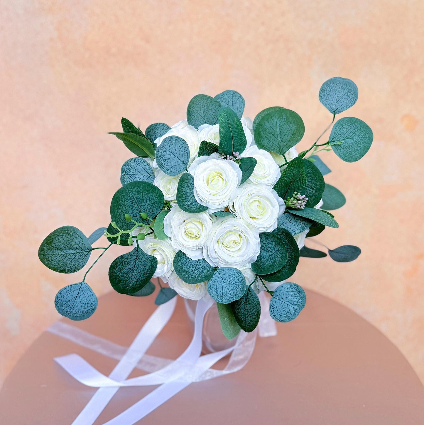 Ivory Rose Wedding Bouquet: Eucalyptus Faux Floral Bridal Bouquet Bridesmaid