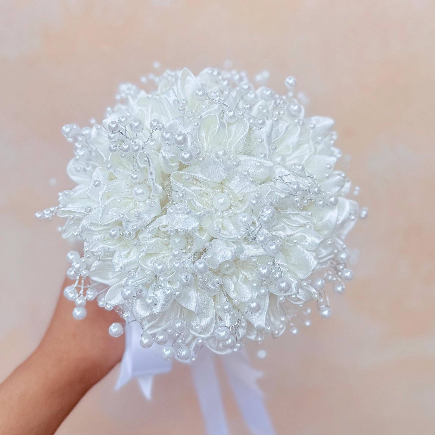 Fantastic Ivory Pearl Ribbon Rose Prom Bouquet, Personalized Pearl Rose bouquet gift for her wedding Bridal, Bride shower, flower girl gift