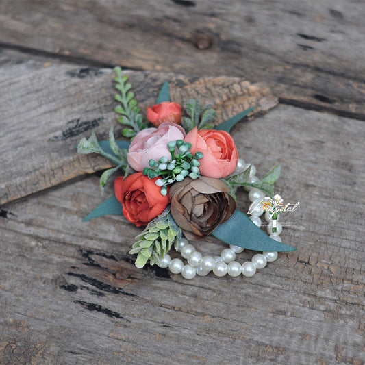 Bohemian theme wrist corsage/mother corsage/botanical pearl corsage/rustic wedding corsage/vintage orange corsage