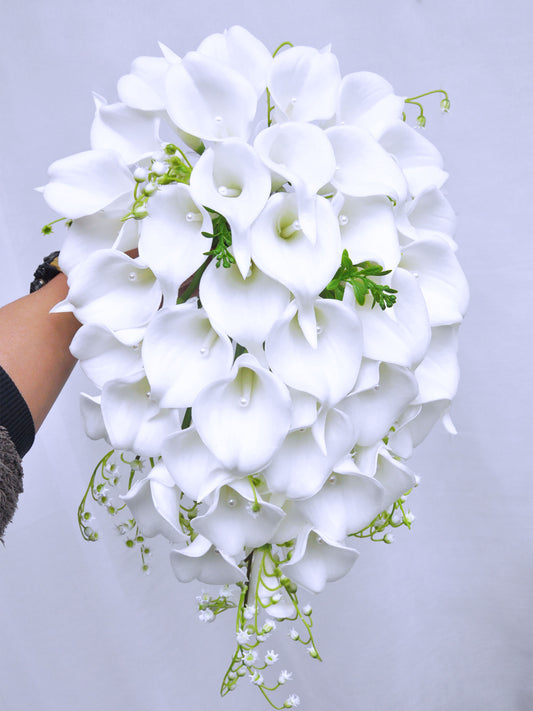 Cascading rustic white calla lily bouquet/ lily of valley bouquet/Elegant white bouquet/Real touch calla lily bouquet/Bridal bouquet/Bridesmaids bouquet/