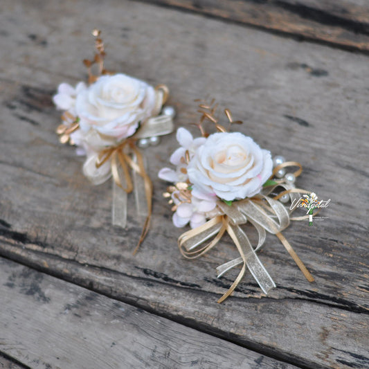 Classical gold theme Wrist corsage/ rose corsage/wedding corsage/mother corsage/pearl corsage/bridesmaids corsage/rustic wedding corsage /boutonnieres/pin corsage