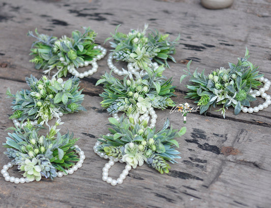 Foliage corsage/rustic grass corsage/mother corsage/spring wedding corsage/pearl bracelet corsage/full green corsage