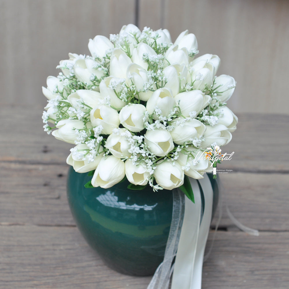 Round Real touch white ivory tulip baby's breath bouquet/bridal bouquet/bridesmaid bouquet/choose ribbon color bouquet