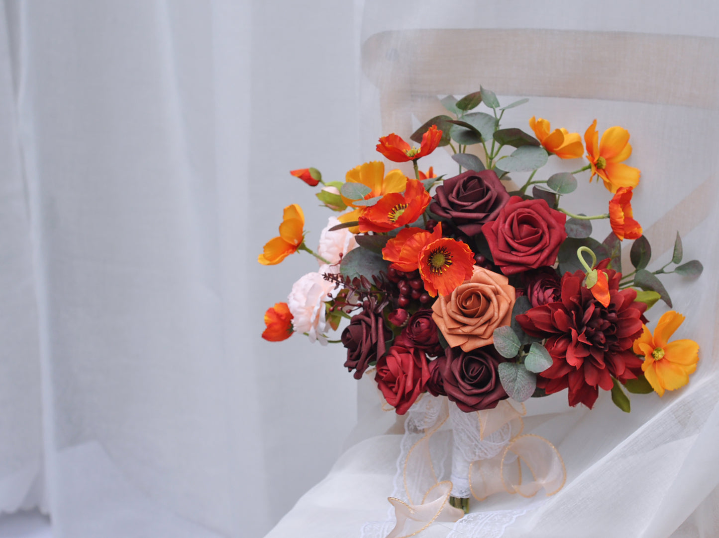 Silk foam rose wild bouquet/silk poppy bouquet/Silk eucalyptus bouquet/Autumn wedding bouquet/rustic wedding bouquet set/flower bouquet for home decoration and wedding