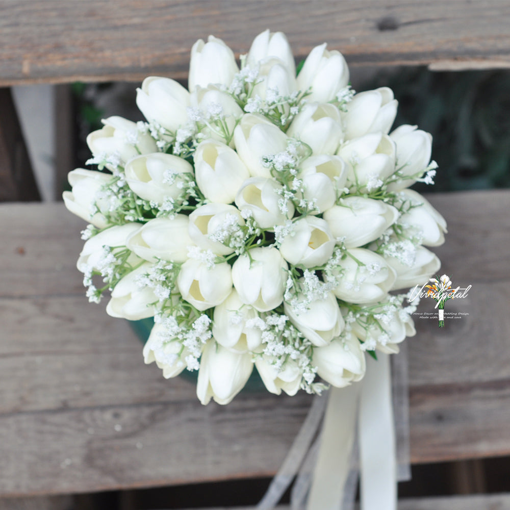 Round Real touch white ivory tulip baby's breath bouquet/bridal bouquet/bridesmaid bouquet/choose ribbon color bouquet