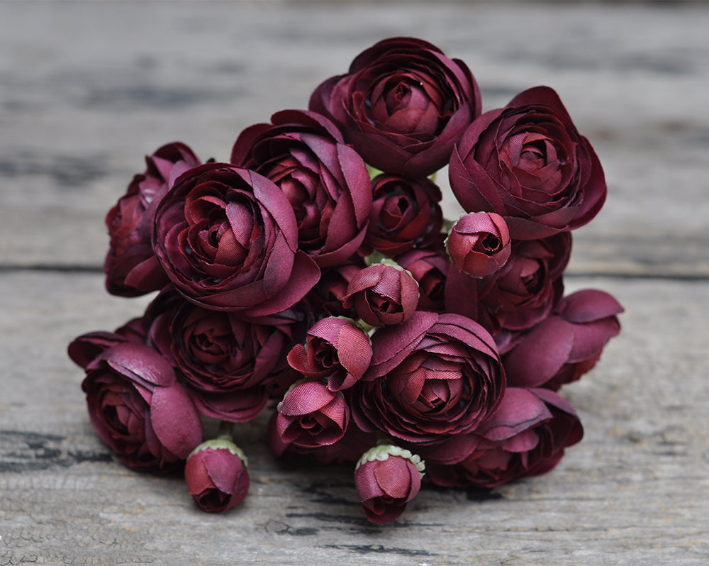 One bundle burgundy wine red  artificial silk rose/mini ranunculus/6stems individual stems silk ranunculus buds/best for home decoction and wedding designing