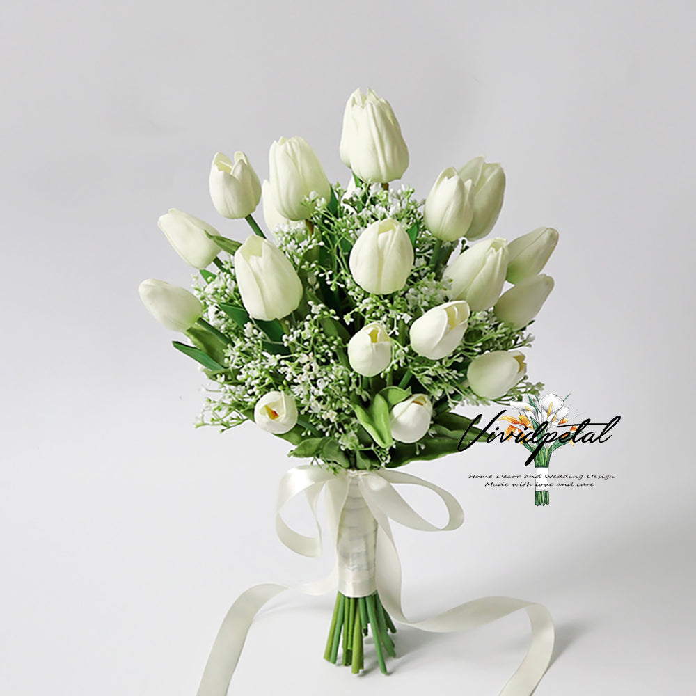 Real touch white ivory tulip baby's breath bouquet/bridal bouquet/bridesmaid bouquet/choose ribbon color bouquet