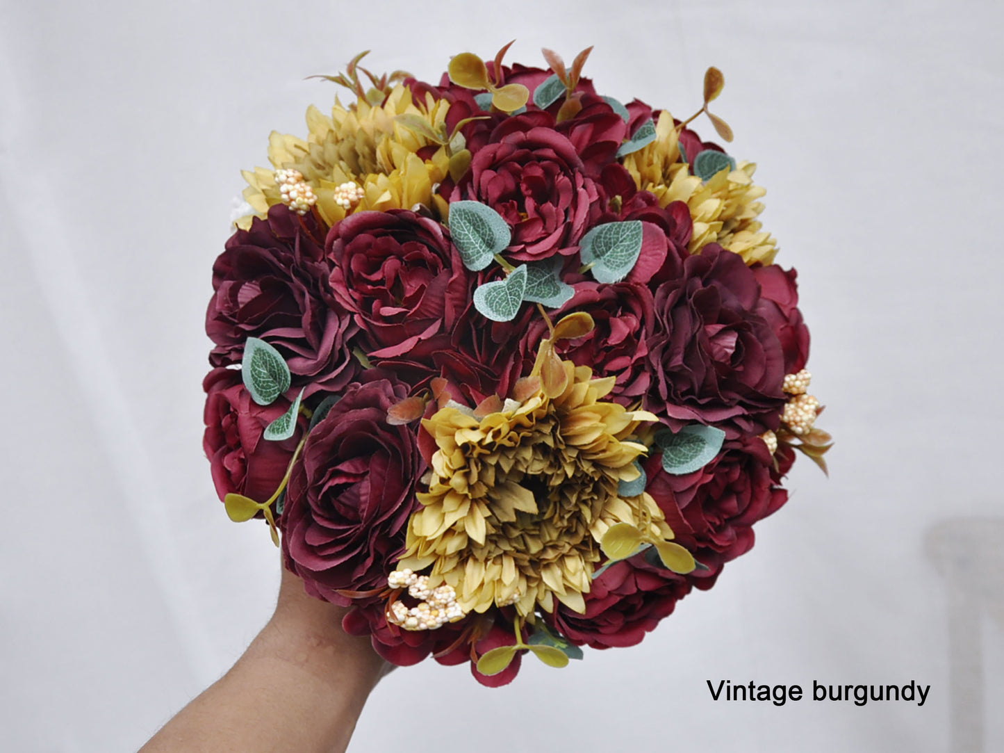 Dusty rose burgundy dusty purple rose peony sunflower bouquet