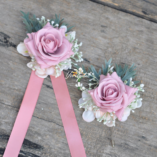 Wrist corsage/choose ribbon color corsage/dusty rose corsage/mother corsage/pearl corsage/wedding corsage/boutonniere/groomsman pin