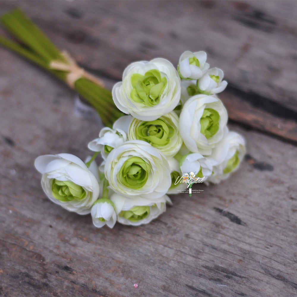 One bundle white green Picasso  artificial silk rose/mini ranunculus/6stems individual stems silk ranunculus buds/best for home decoction and wedding designing