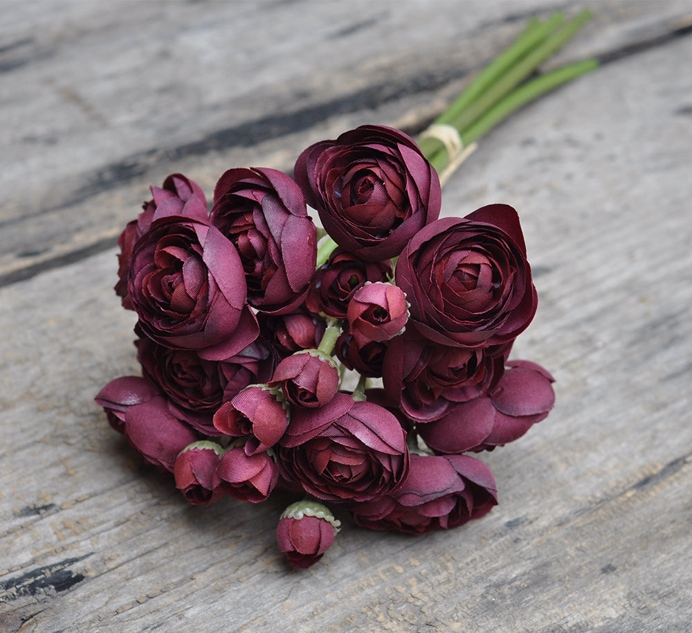 One bundle burgundy wine red  artificial silk rose/mini ranunculus/6stems individual stems silk ranunculus buds/best for home decoction and wedding designing