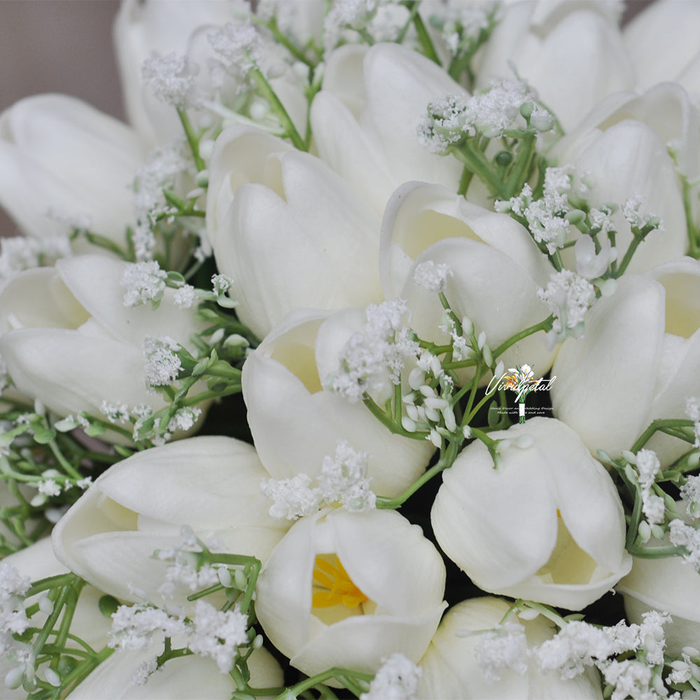 Round Real touch white ivory tulip baby's breath bouquet/bridal bouquet/bridesmaid bouquet/choose ribbon color bouquet