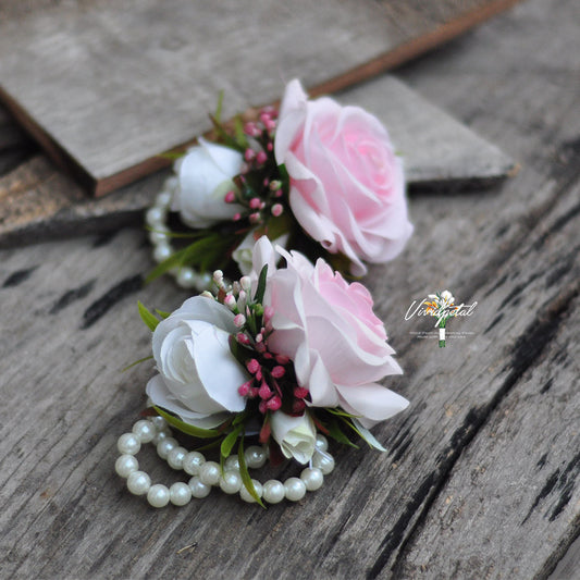 Wrist corsage/real touch light pink white rose corsage/choose ribbon colors corsage/mother corsage/pearl corsage/bridesmaids corsage/rustic wedding corsage /boutonnieres/pin corsage