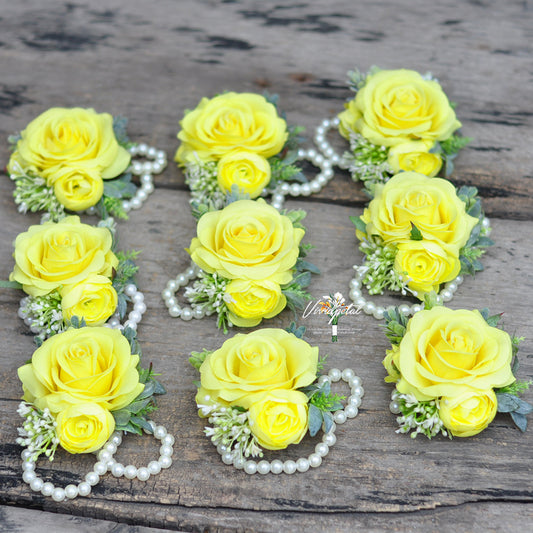 Wrist corsage/real touch bright yellow rose corsage/choose ribbon colors corsage/mother corsage/pearl corsage/bridesmaids corsage/rustic wedding corsage /boutonnieres/pin corsage