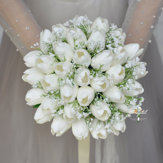 Round Real touch white ivory tulip baby's breath bouquet/bridal bouquet/bridesmaid bouquet/choose ribbon color bouquet