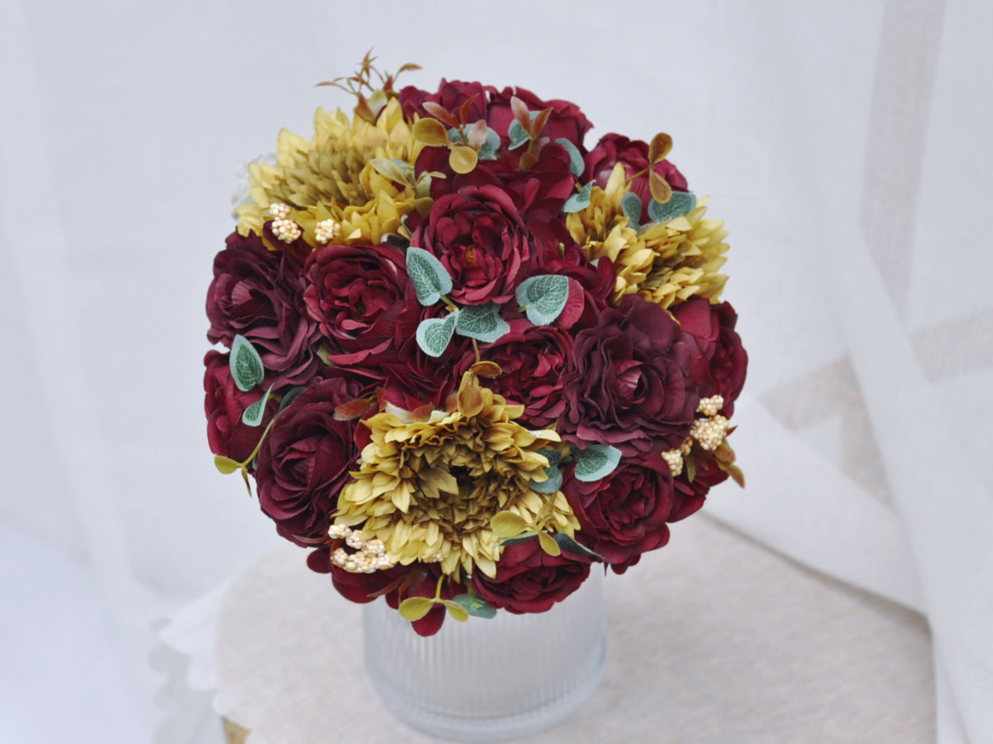 Dusty rose burgundy dusty purple rose peony sunflower bouquet