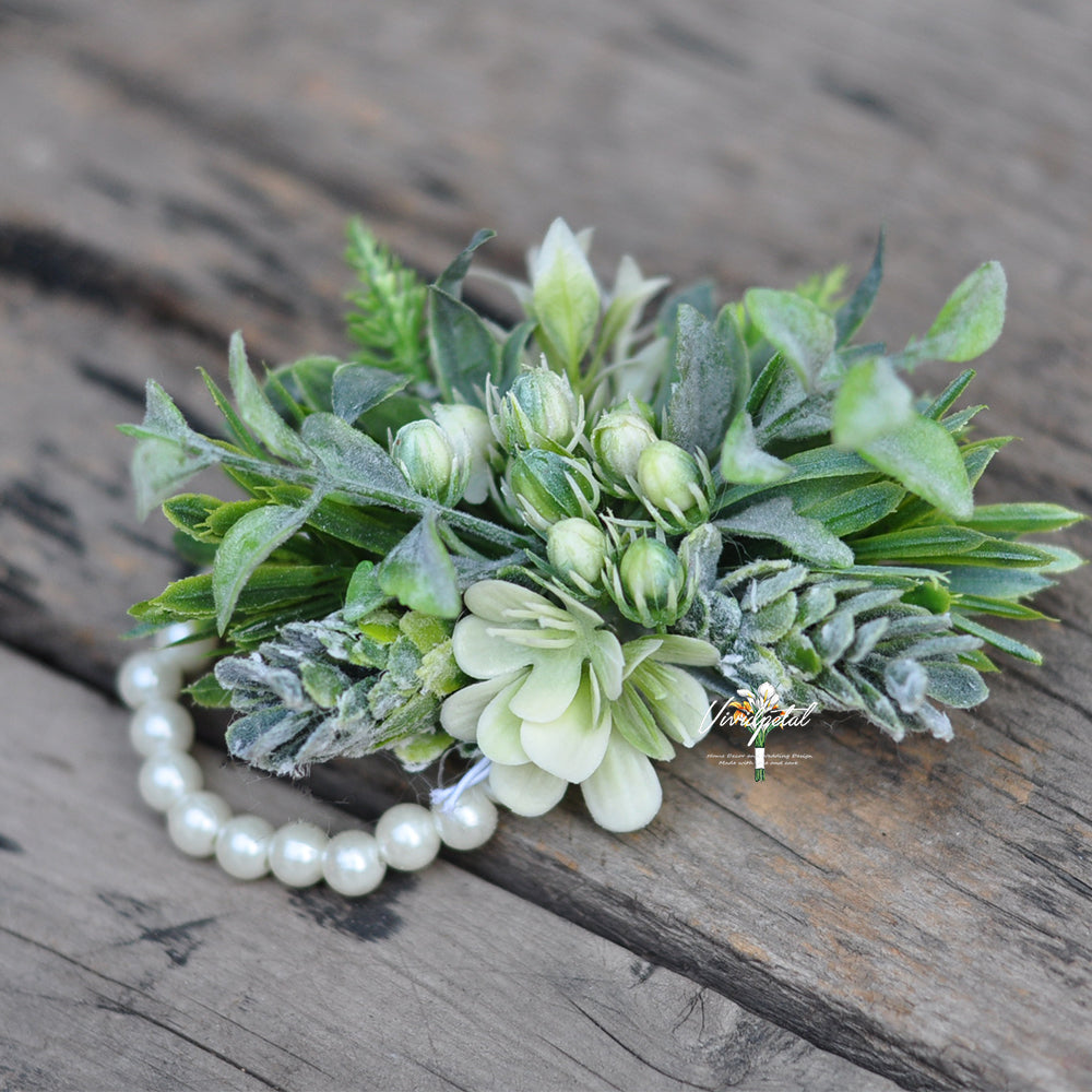 Foliage corsage/rustic grass corsage/mother corsage/spring wedding corsage/pearl bracelet corsage/full green corsage