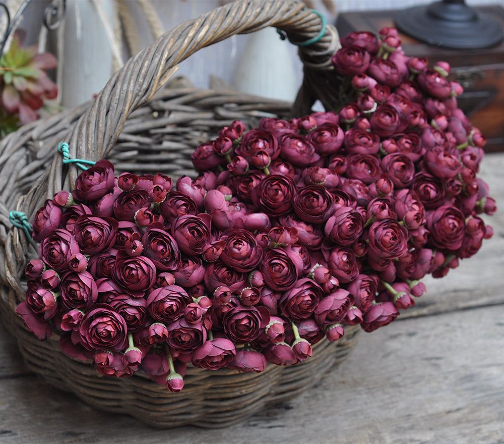 One bundle burgundy wine red  artificial silk rose/mini ranunculus/6stems individual stems silk ranunculus buds/best for home decoction and wedding designing