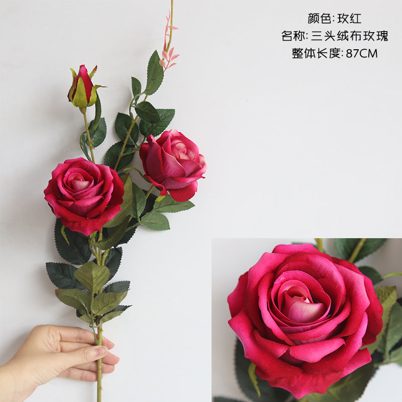 Three-headed velvet rose/silk rose/artificial rose/velvet rose & oud/best for home decoration wedding decorstion MW03333