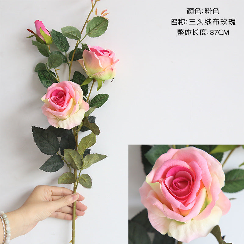 Three-headed velvet rose/silk rose/artificial rose/velvet rose & oud/best for home decoration wedding decorstion MW03333